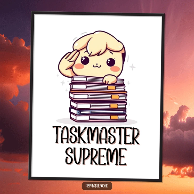 Funny Kawaii Digital Art Print: Determined character saluting a large stack of files, perfect for office or home decor.