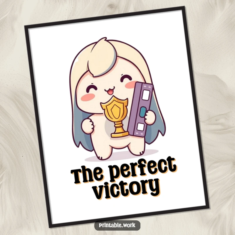 Funny Kawaii Digital Art Print: Character holding a perfectly organized binder like a trophy, symbolizing neatness.