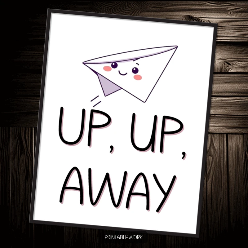 Funny Paper Airplane Digital Art Print of a cute smiling paper airplane character flying through the air, high-resolution for cheerful decor.