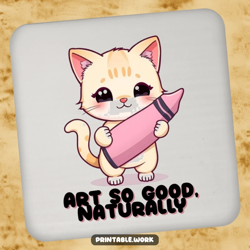 Funny Kawaii cat character painting with a crayon featured on a drink coaster, adding artistic humor to beverage service.