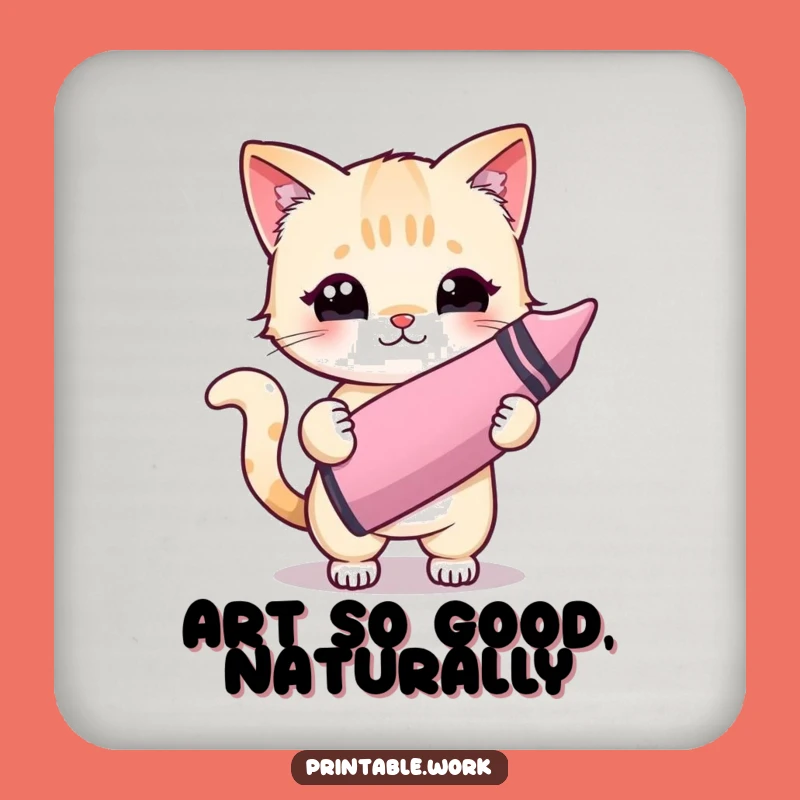 Funny Kawaii Cat Crayon Artist Coaster: Protect Surfaces with Cute Art