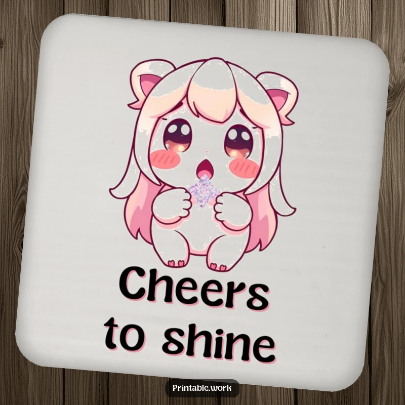 Funny drink coaster with a surprised character holding a single glitter flake, protecting surfaces with a touch of wonder and humor.