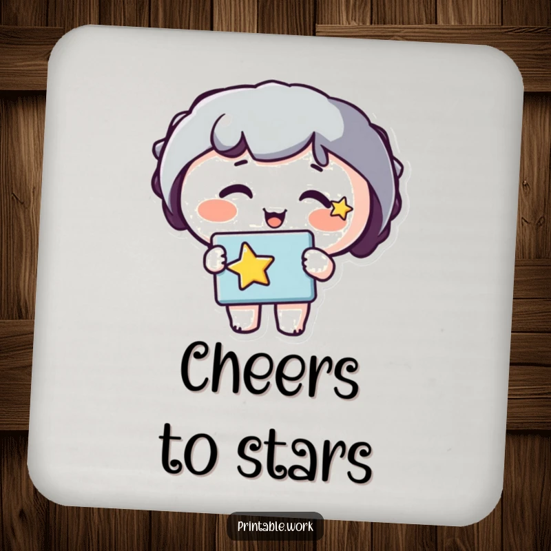Funny drink coasters with a happy character, star on cheek, holding a stencil. Adds artistic flair to any table.