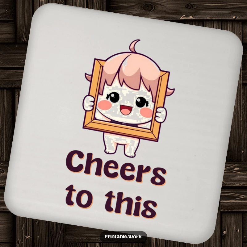 Funny Coaster: Beaming character holds a framed picture, a humorous yet heartwarming addition to any surface.