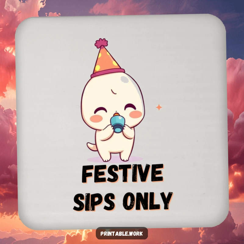 Funny Kawaii character with a party hat and noisemaker featured on absorbent drink coasters, perfect for festive table protection.