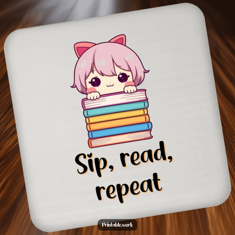 Funny drink coaster with a shy character peeking from book pages, offering protection for surfaces with a literary and humorous theme.