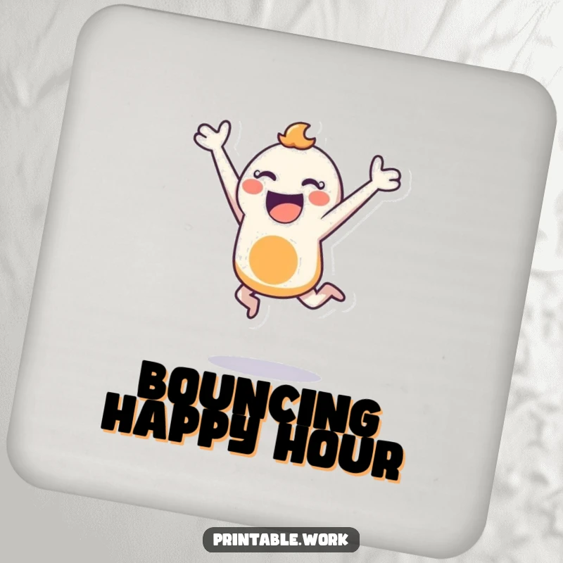 Funny drink coaster featuring a bouncing character joyfully leaping with a stencil, protecting tabletops with energetic artistic flair.