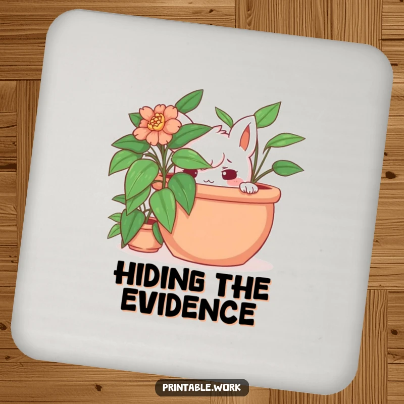 Funny hidden plant drink coasters featuring a mischievous character hiding behind a potted plant, providing a humorous and protective surface for beverages.