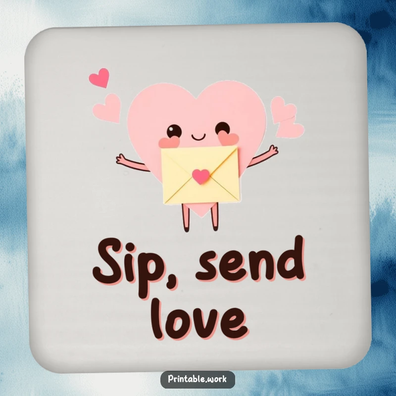 Funny Drink Coaster featuring a paper heart character, arms open wide to hug a tiny envelope. Adds charm and protection.