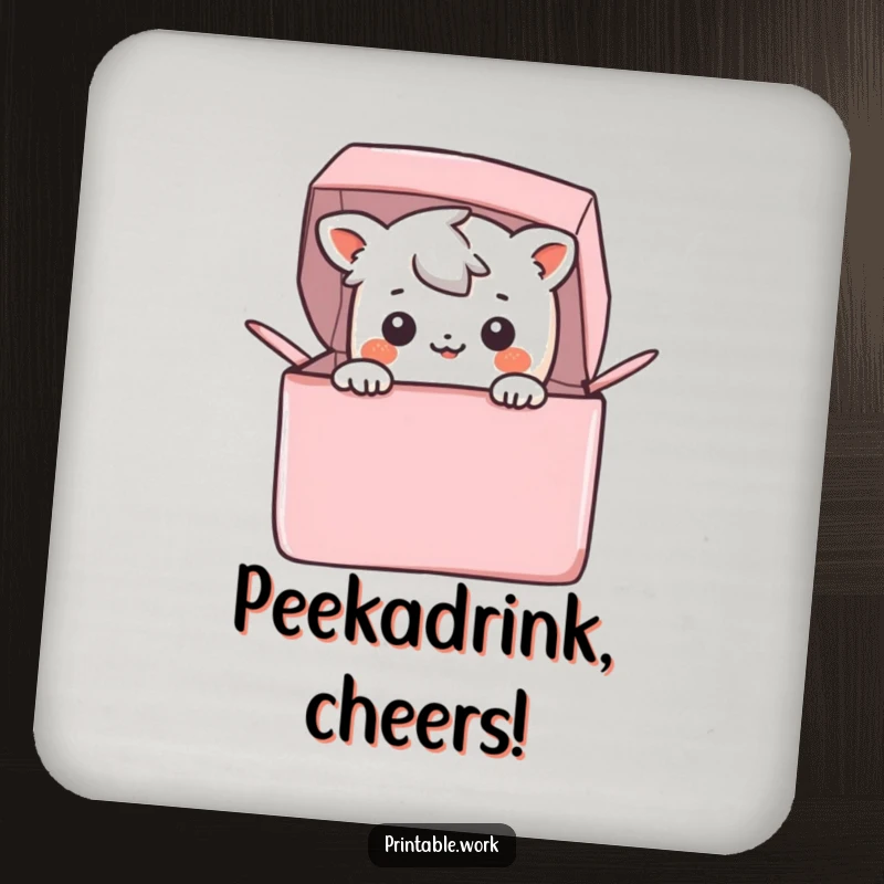 Funny Coaster: A happy Kawaii character peeks out from a colorful box, adding playful charm to your tabletop.