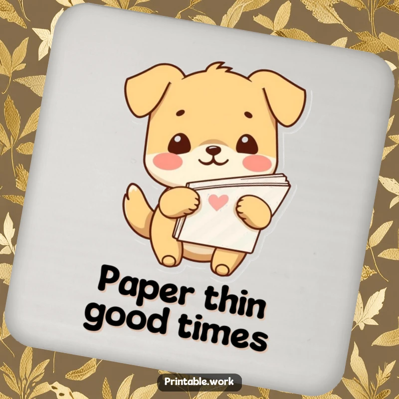 Funny Kawaii dog character holding patterned paper on a drink coaster, adding a touch of humor and cuteness to beverage service.