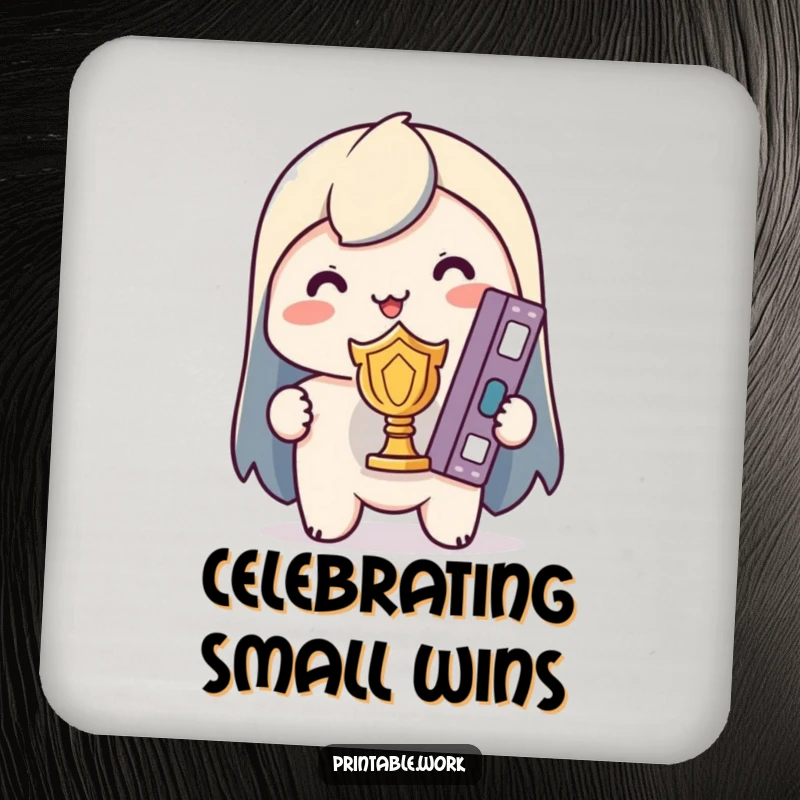 Funny Kawaii Coaster: Character holding a perfectly organized binder like a trophy symbolising neatness and achievement.