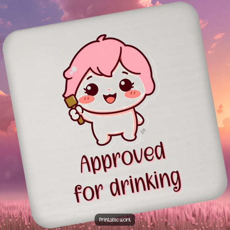 Funny coaster with a cute Kawaii character cheerfully stamping a large, colorful icon.