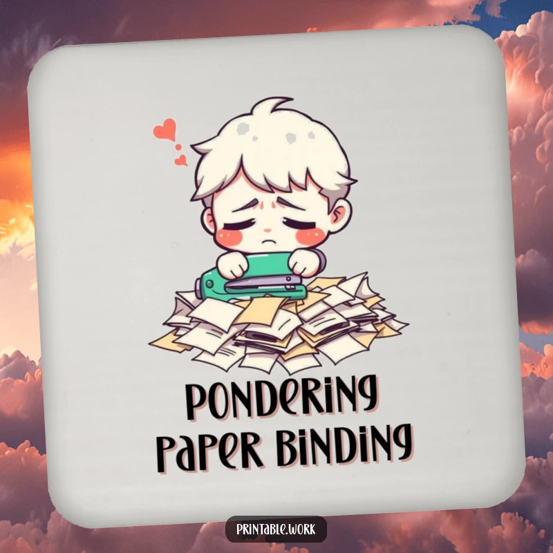 Funny office character drink coaster, confused trying to staple a pile of loose papers, office humor, humorous, protective gift.