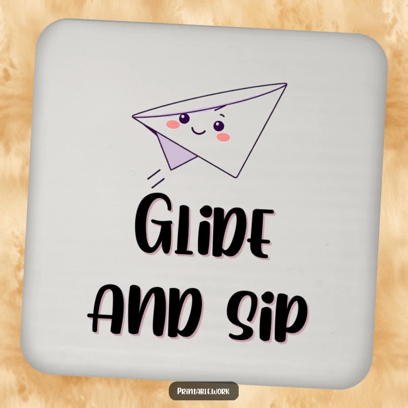 Funny Paper Airplane Drink Coaster featuring a cute smiling paper airplane character flying, adding whimsical protection to tables.