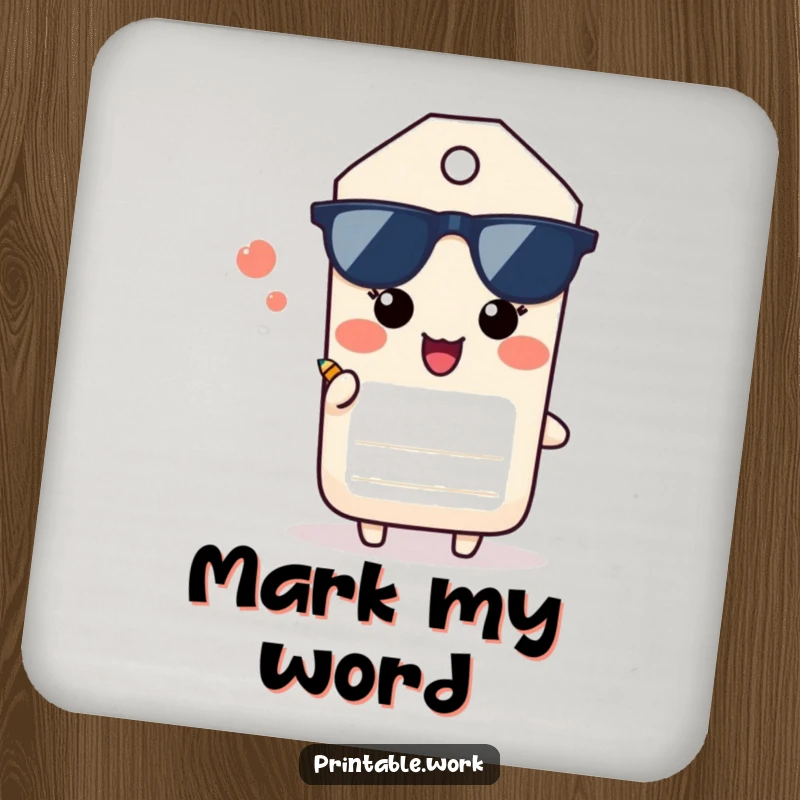 Funny Paper Tag Drink Coaster: A paper tag character sighs happily offering a tiny pencil, protecting surfaces humorously.