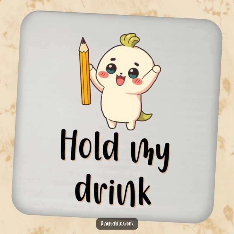 Funny drink coaster showcasing a triumphant character holding a perfectly sharpened pencil, protecting surfaces with humorous pride.