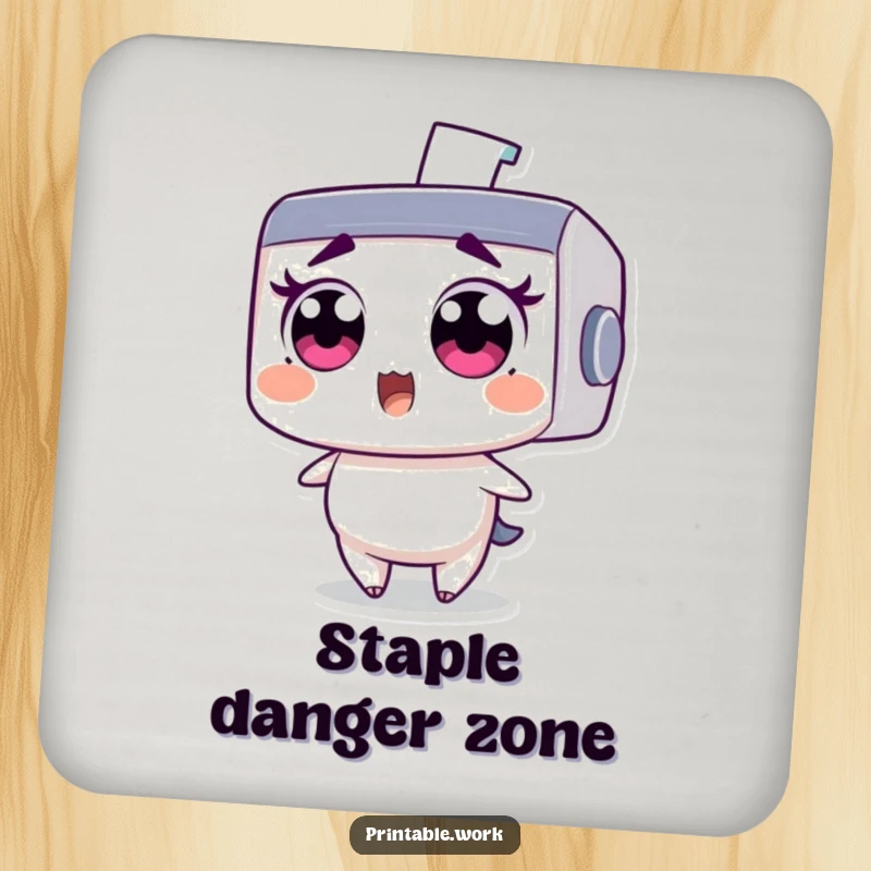 Funny drink coasters: Wide-eyed printer character comically startled by a flying staple, protecting surfaces with humor.
