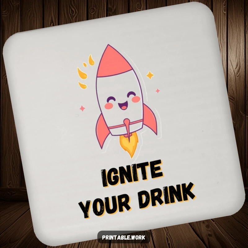 Funny drink coasters with a giggling paper rocket character blasting off with flames, offering humorous protection for any table surface.