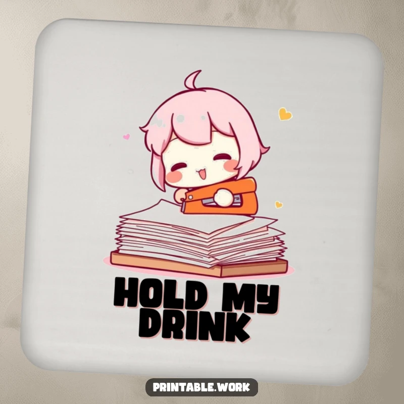 Funny coaster featuring a character humorously trying to staple an entire ream of paper, protecting surfaces with a laugh.