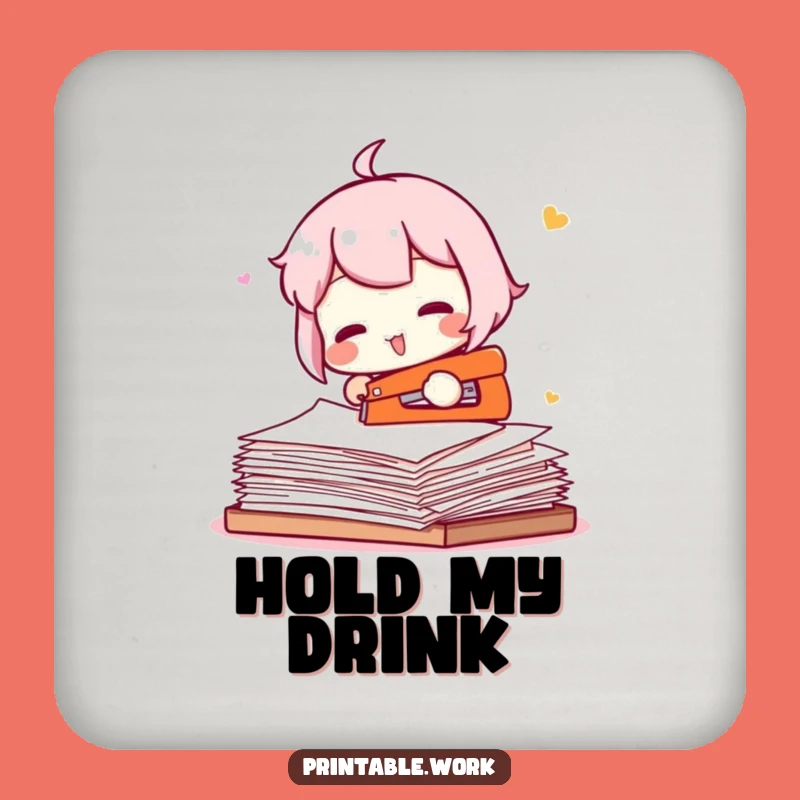 Funny Stapler Struggle Character Coaster - Protect Surfaces with Humor