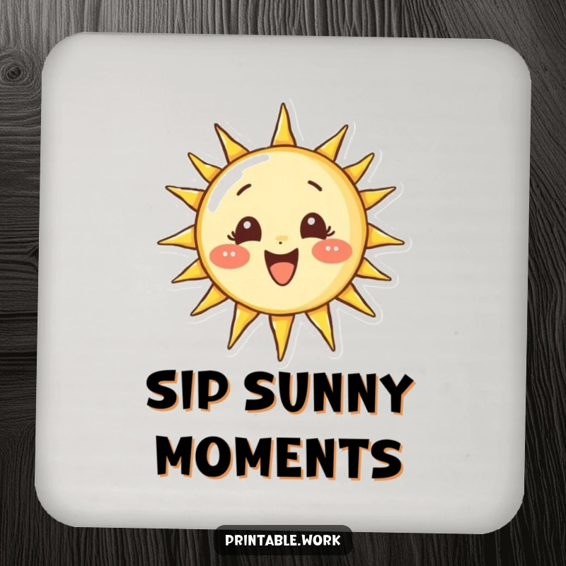 Funny drink coaster featuring a determined character drawing a perfect, smiling sun, protecting tabletops with sunny, artistic flair.