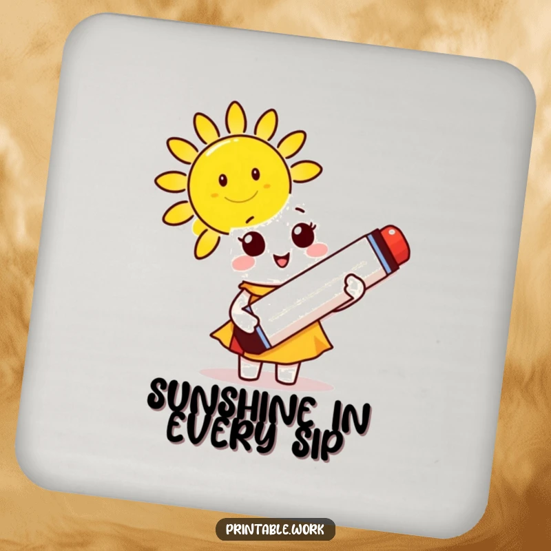Funny Coaster: A cute character holds a giant marker, drawing a smiling sun, adding artistic flair.