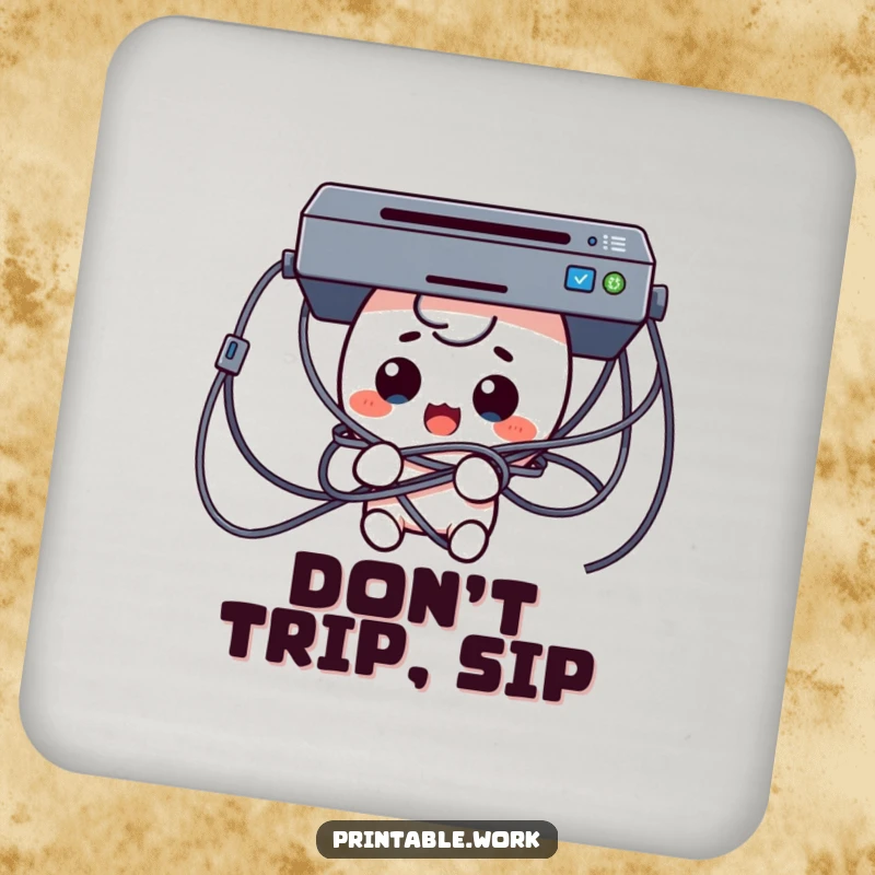 Funny Tech Trouble Coaster depicting a surprised Kawaii character comically tangled in printer cables, a humorous and protective drink accessory.