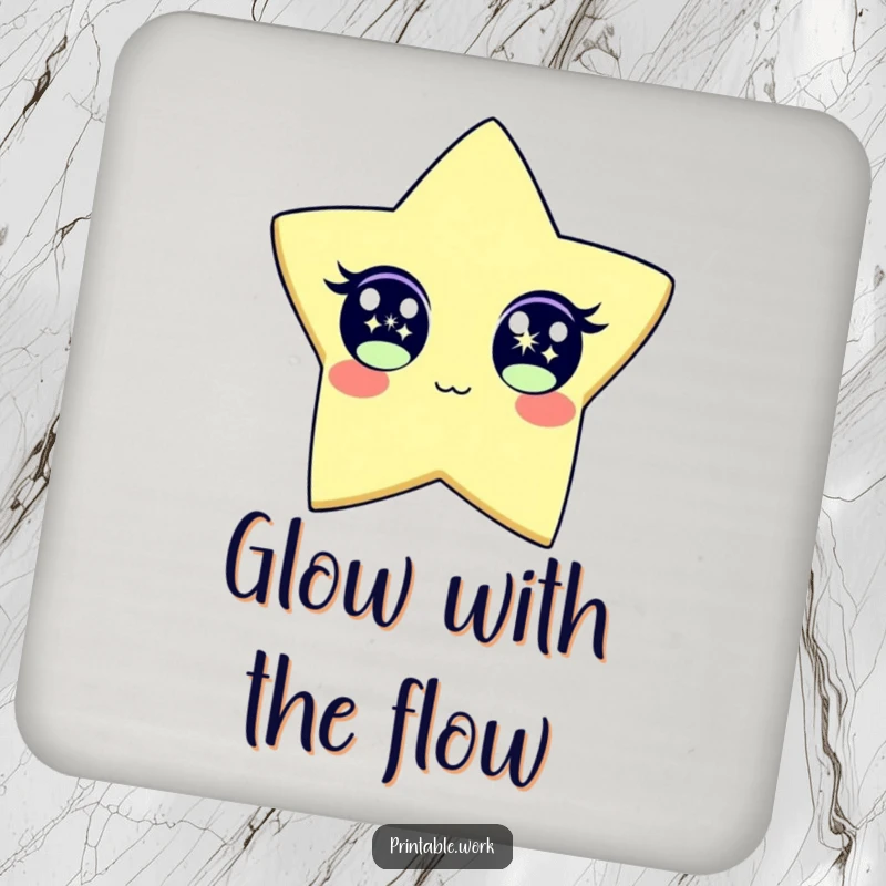 Funny Drink Coaster featuring a paper star character with wide, sparkling eyes, adding a touch of humor to your table setting. Protective and amusing.