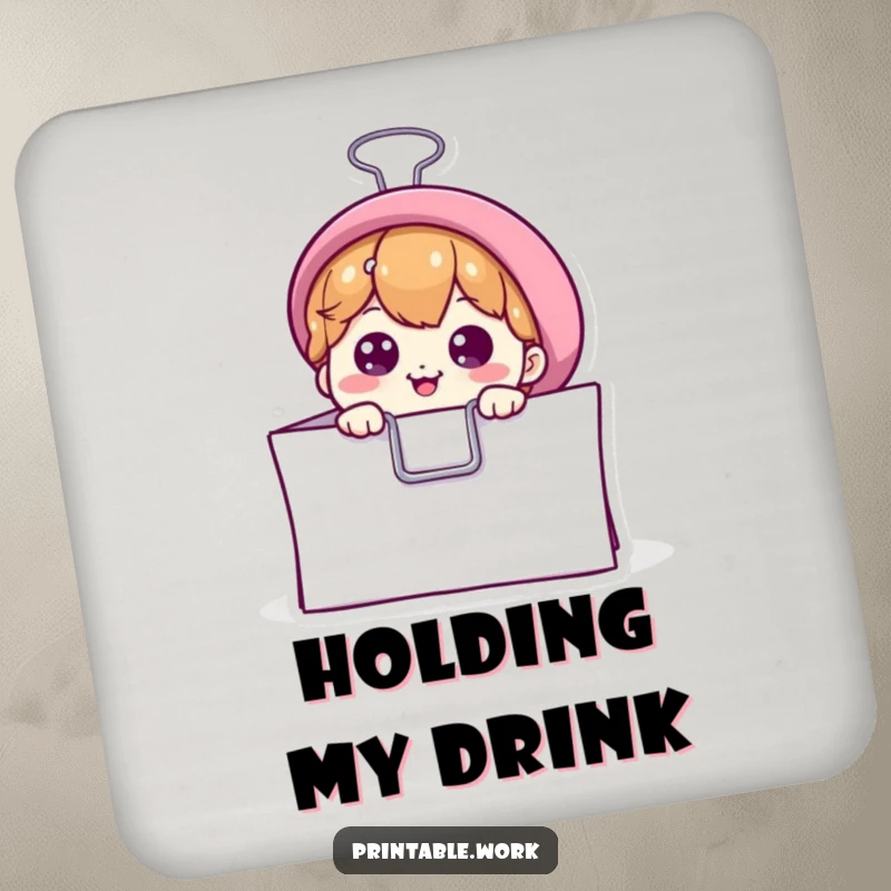 Funny drink coaster featuring a curious binder clip peeking from paper, adding office humor to tabletops, a perfect funny gift.