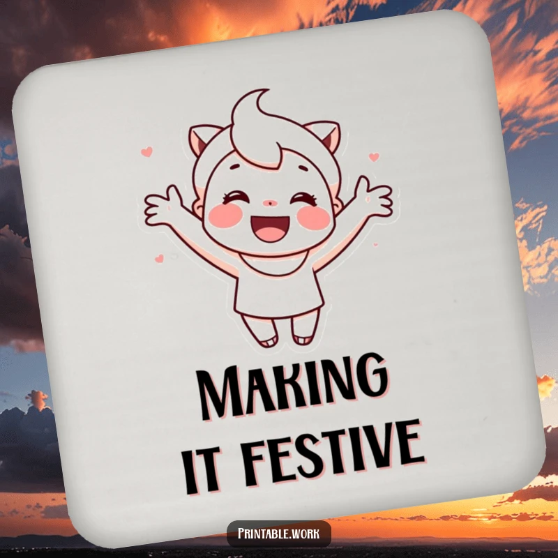 Funny coaster with a cute, smiling character enthusiastically decorating a printable item.