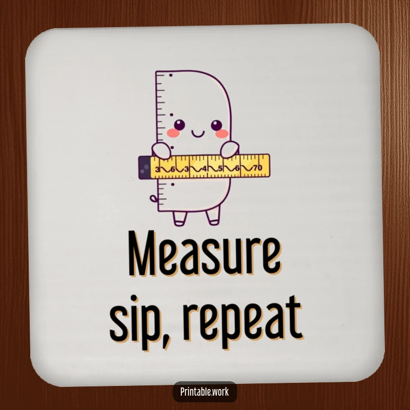 Funny ruler character measuring zigzags adorns these drink coasters, offering protection with a humorous and precise geometric theme.