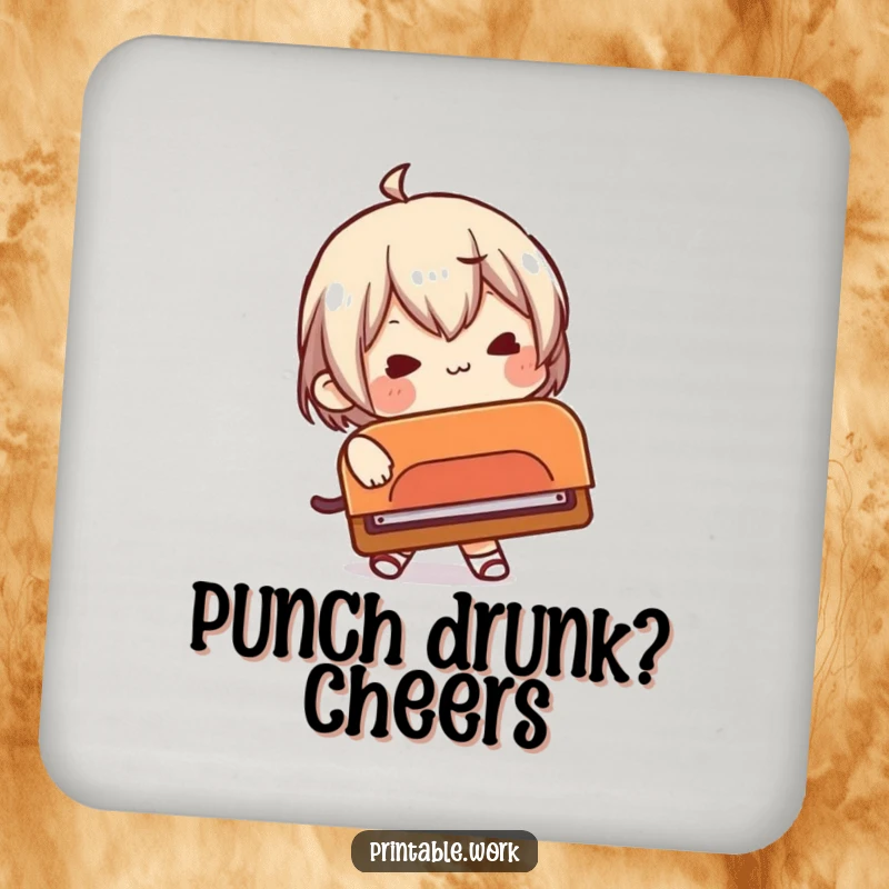 Funny drink coasters featuring a character comically attempting to use a ridiculously large hole punch, protecting surfaces.