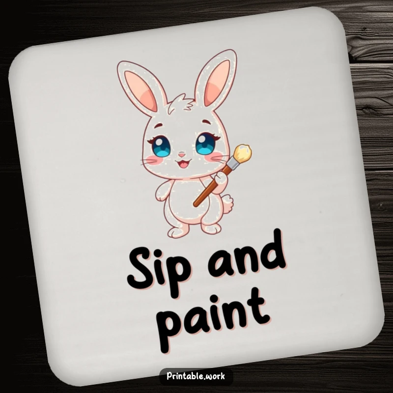 Funny Bunny Artist Coaster: A coaster featuring a cheerful bunny with bright eyes holding a paintbrush, protecting surfaces with humor and artistic charm.