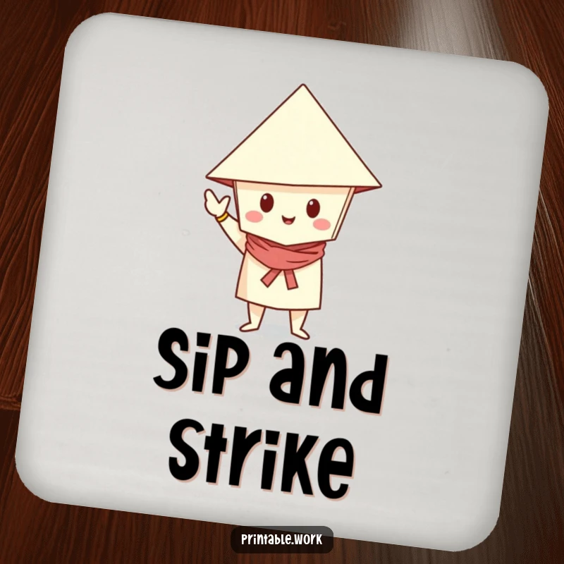Funny Drink Coaster featuring a paper character in a folded hat, striking a stylish and confident pose.