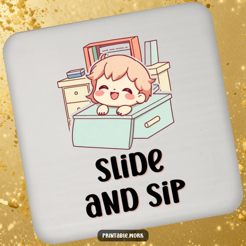 Funny Coaster featuring a character gleefully sliding down a desk with a smile, adding playful protection.