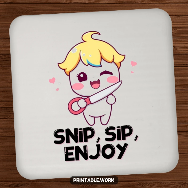 Funny Kawaii character winking while holding scissors on absorbent drink coasters, offering protection with a touch of playful precision.