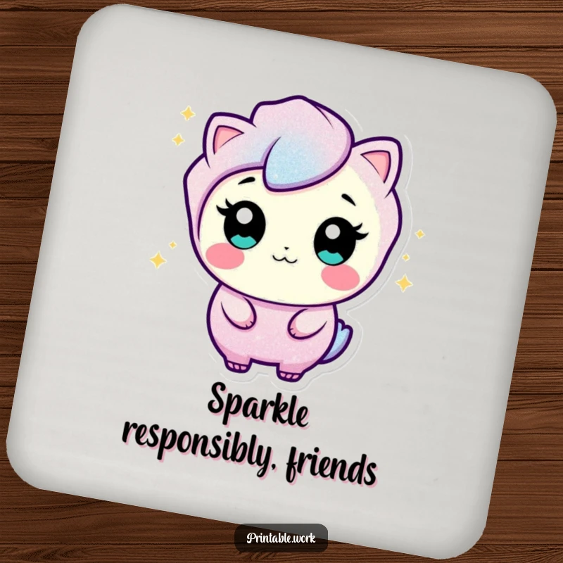 Funny drink coaster featuring a curious glitter character, adding sparkle and playful wiggles to protect your surfaces.
