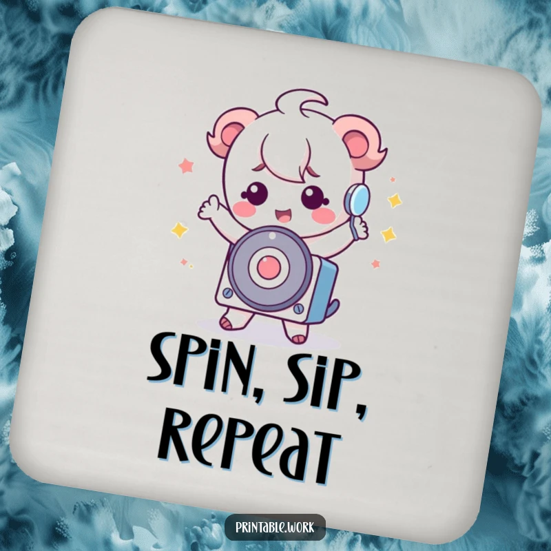 Funny Kawaii Rolodex Coaster depicting a cute Kawaii character doing a silly dance with a rolodex, a humorous and adorable drink accessory.