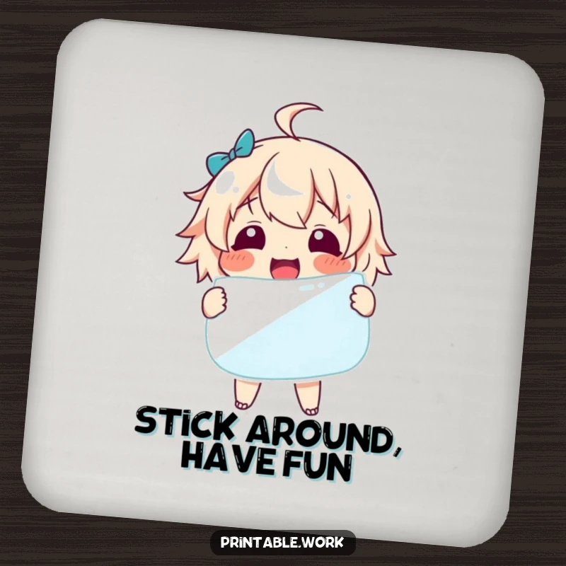 Funny Coaster: A delighted character holding a giant sticker, serving as a humorous and protective surface.