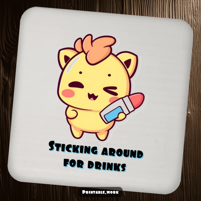 Funny Coaster: A mischievous Kawaii character winks, holding a glue stick, adding crafty charm to your tabletop.