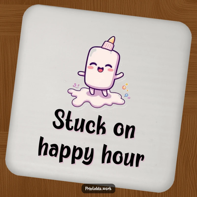 Funny drink coaster illustrating a cheerful glue stick leaving a shiny goo trail, protecting surfaces with creative humor.