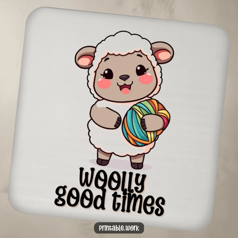Funny Kawaii Sheep Yarn Drink Coaster with a joyful sheep holding yarn, adding crafting humor to any table, a perfect funny gift.