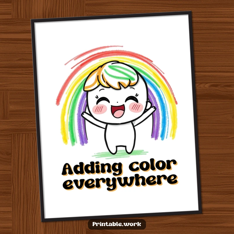 Funny delighted crayon character poster, joyfully drawing a vibrant rainbow with colorful strokes, perfect for adding cheer to decor.
