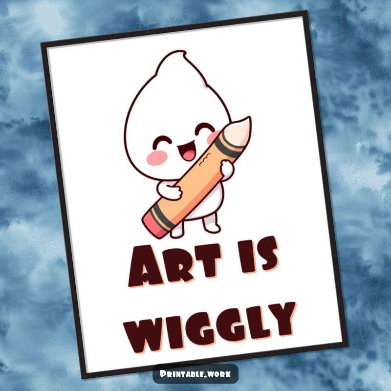 Funny poster of a happy Kawaii character drawing a wiggly line with a large crayon, ideal for whimsical and artistic decor.