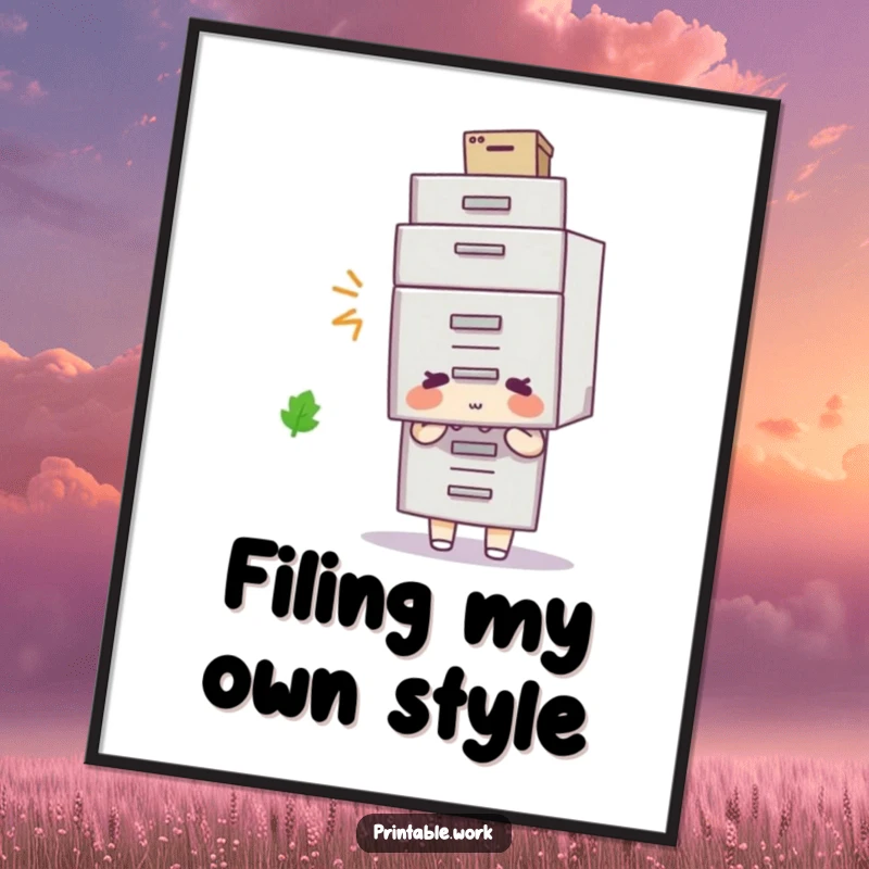 Funny filing cabinet hat poster, character wearing a filing cabinet as a hat, humorous office wall art.