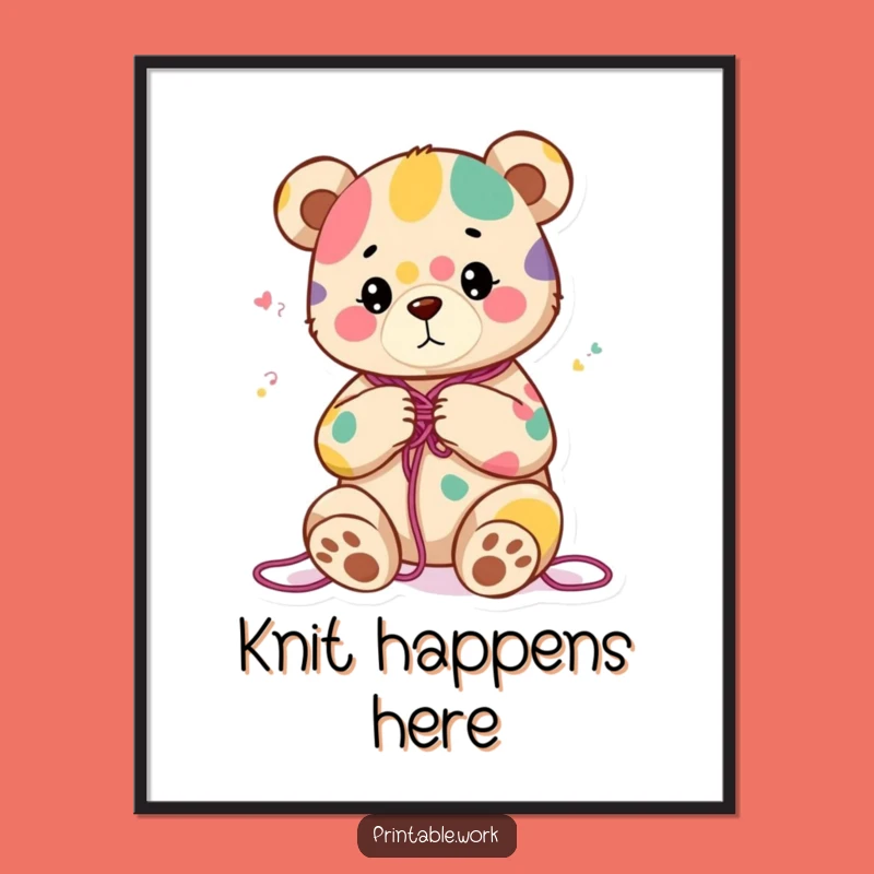 Funny Bear Knitting Art Poster - Content Character's Cozy Creation Gift