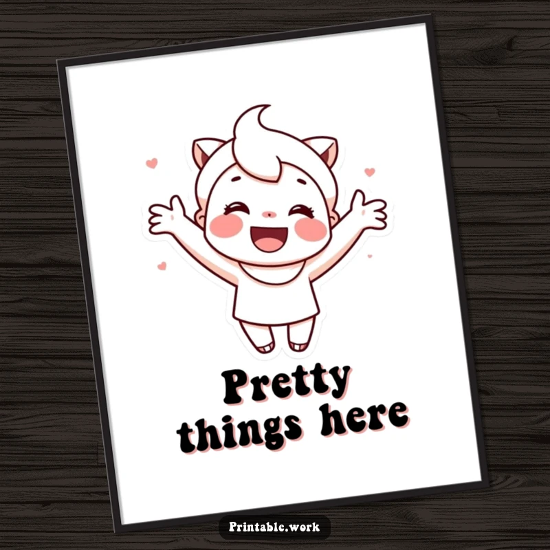 Funny poster of a cute, smiling character enthusiastically decorating a printable with markers and stickers.