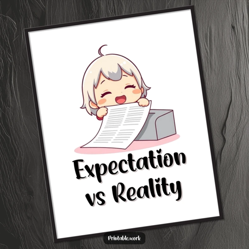 Funny poster of a giggling character joyously printing an absurdly long document, a whimsical and humorous wall decoration.