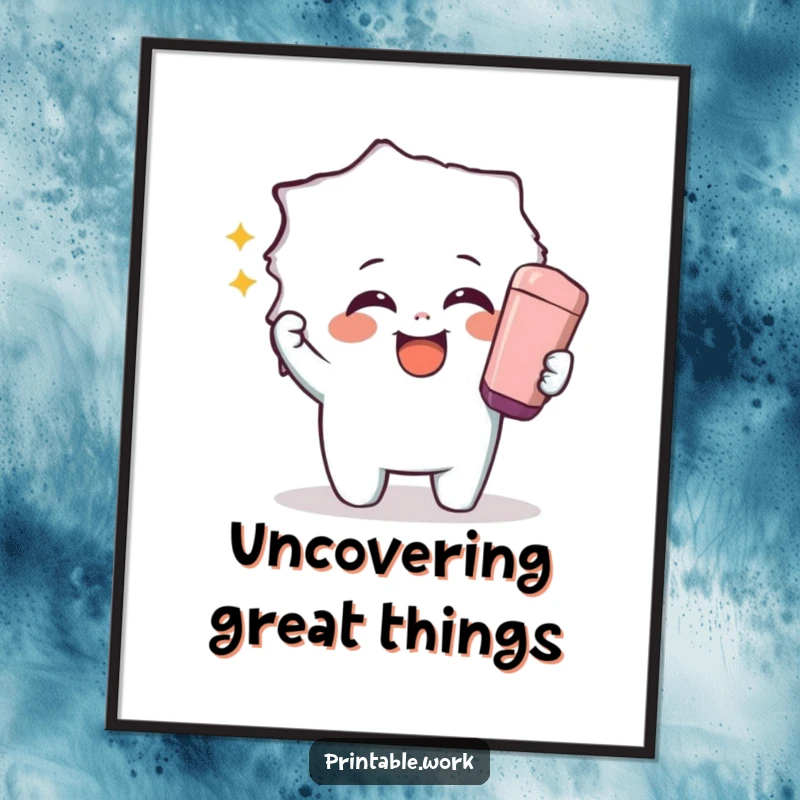 Funny poster of a giggling character using a giant eraser to reveal a hidden image, adding playful mystery and joy to walls.